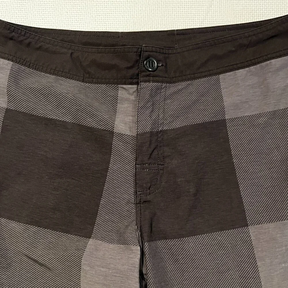 Prana Mens Board Shorts Charcoal Black‎ Plaid Recycled Stretch Swim Trunks 33